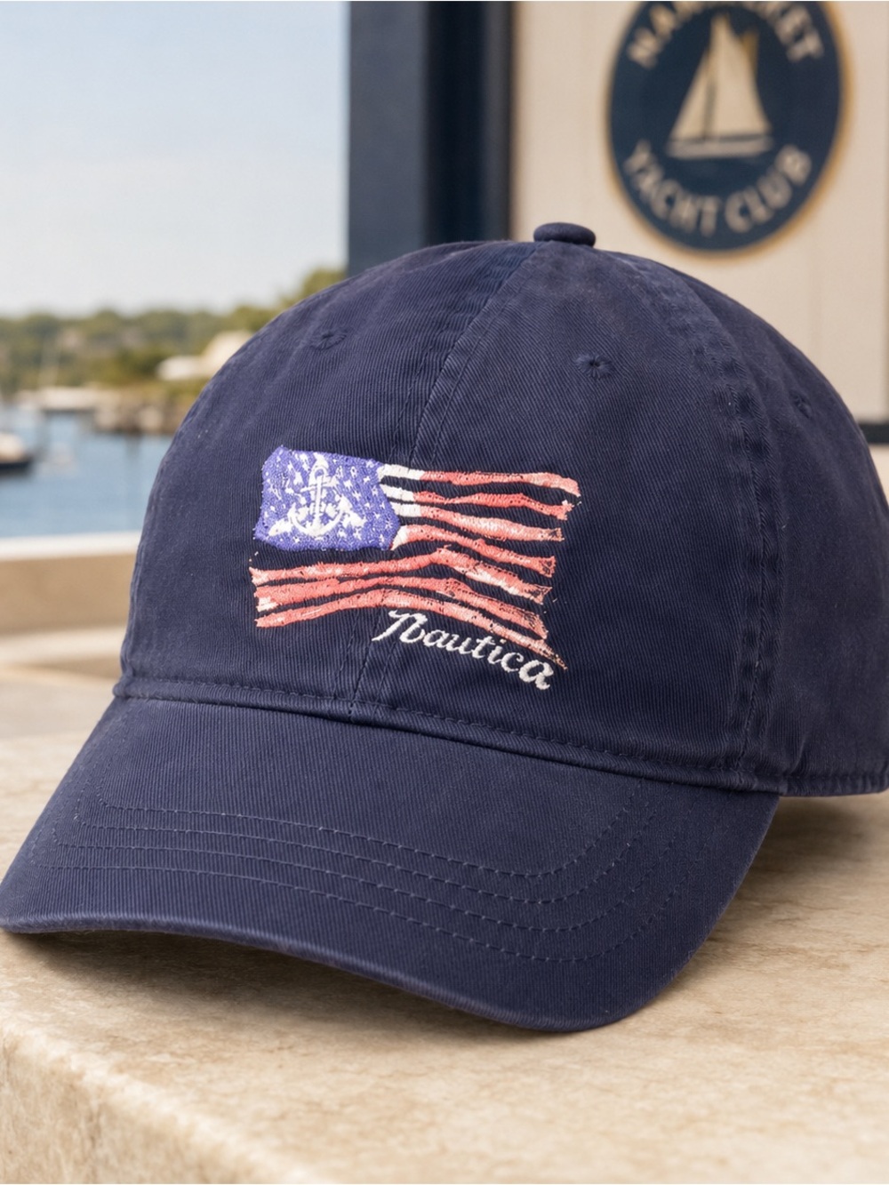 Nautica Navy Baseball Cap with Distressed Flag Embroidery